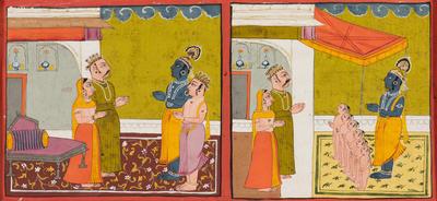 (Krishna with his Uncle and with six dead children revived)